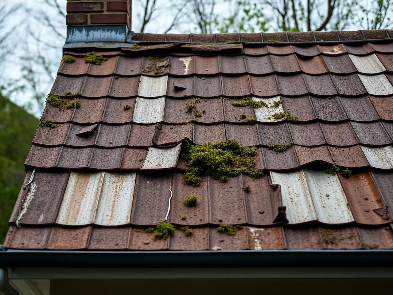 Slitet tegeltak med mossa och rostskador före renovering