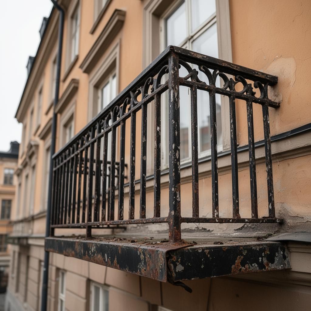 Smitt balkongräcke på sekelskiftesfastighet – före