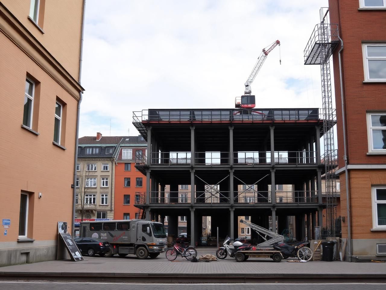 Bärande stålkonstruktion på kommersiell byggarbetsplats – före